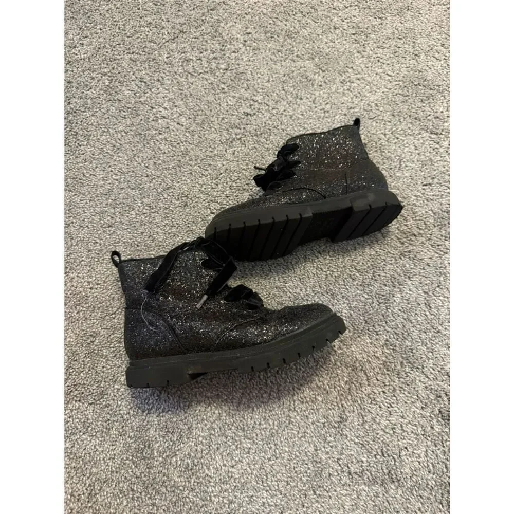 Cat & Jack Black Glitter Lace-Up Ankle Boots Sz 12